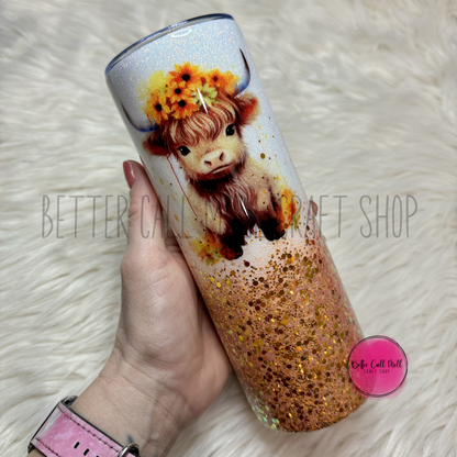 Highland Cow Sunflower Glitter Insulated Stainless Steel Coated Tumbler
