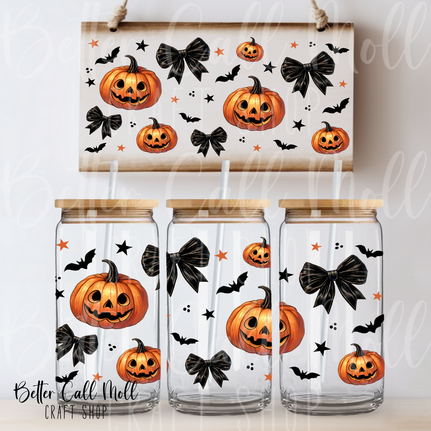 W020 - Jack-o'-lanterns and Bows UV DTF 16oz Tumbler Wrap