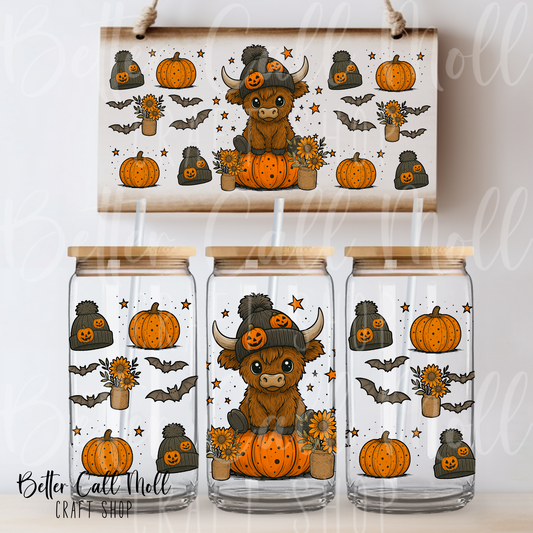 W174 - Halloween Highland Cow UV DTF 16oz Tumbler Wrap