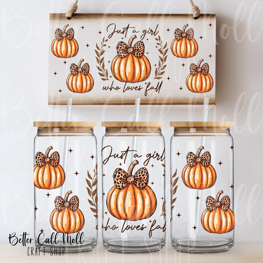 W172 - Just a Girl Who Loves Fall UV DTF 16oz Tumbler Wrap